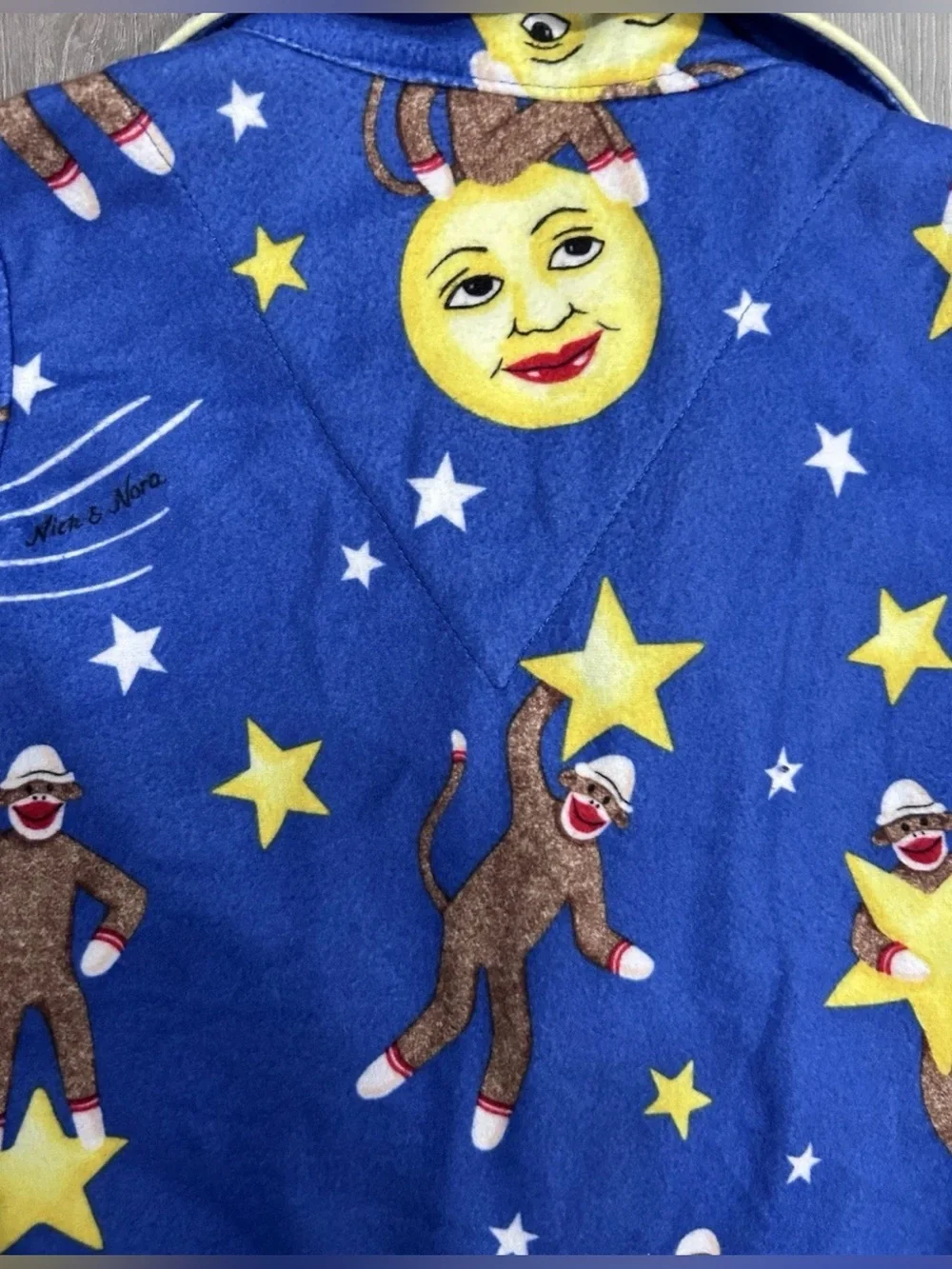 Nick & Nora Baby Pajamas 12M Sock Monkey Stars Moon Blue Fleece Button Up Top